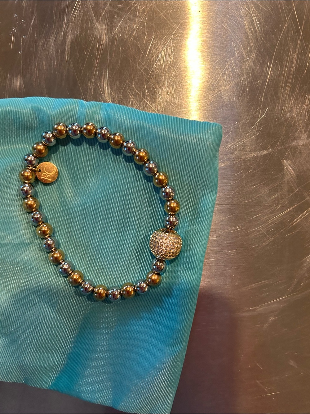 Rustic Cuff Two-Tone Gold and Silver Beaded stretch bracelet with Pave Accent